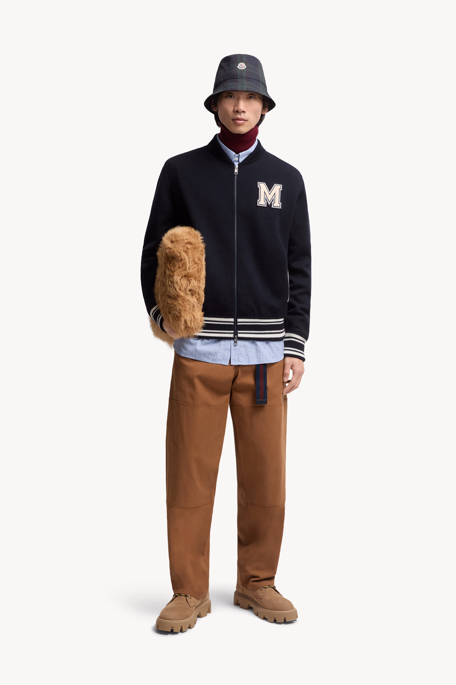 Embroidered Monogram Padded Zip-Up Wool Blend Cardigan Men Blue Moncler 0